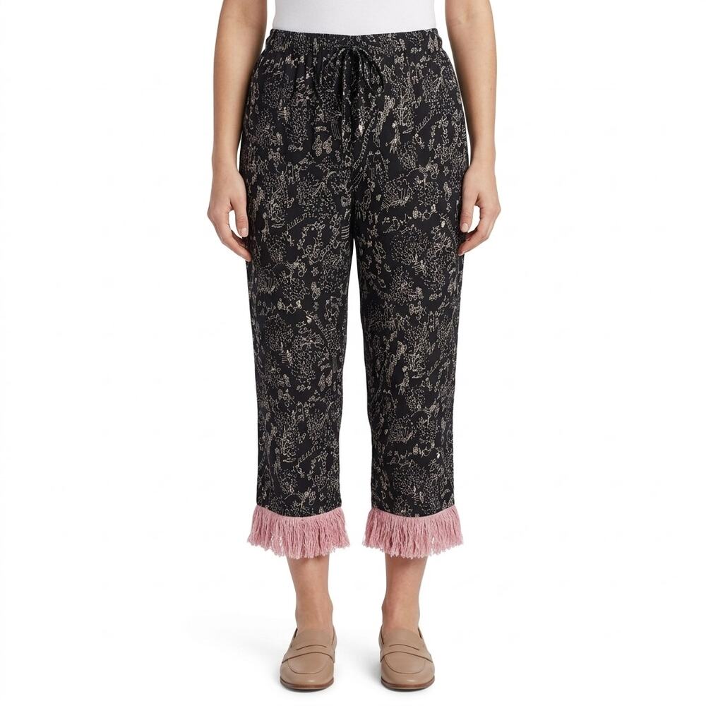 Vintage Black White Line Drawing Pink Tassel Capri Pants Size L Drawstring Waist